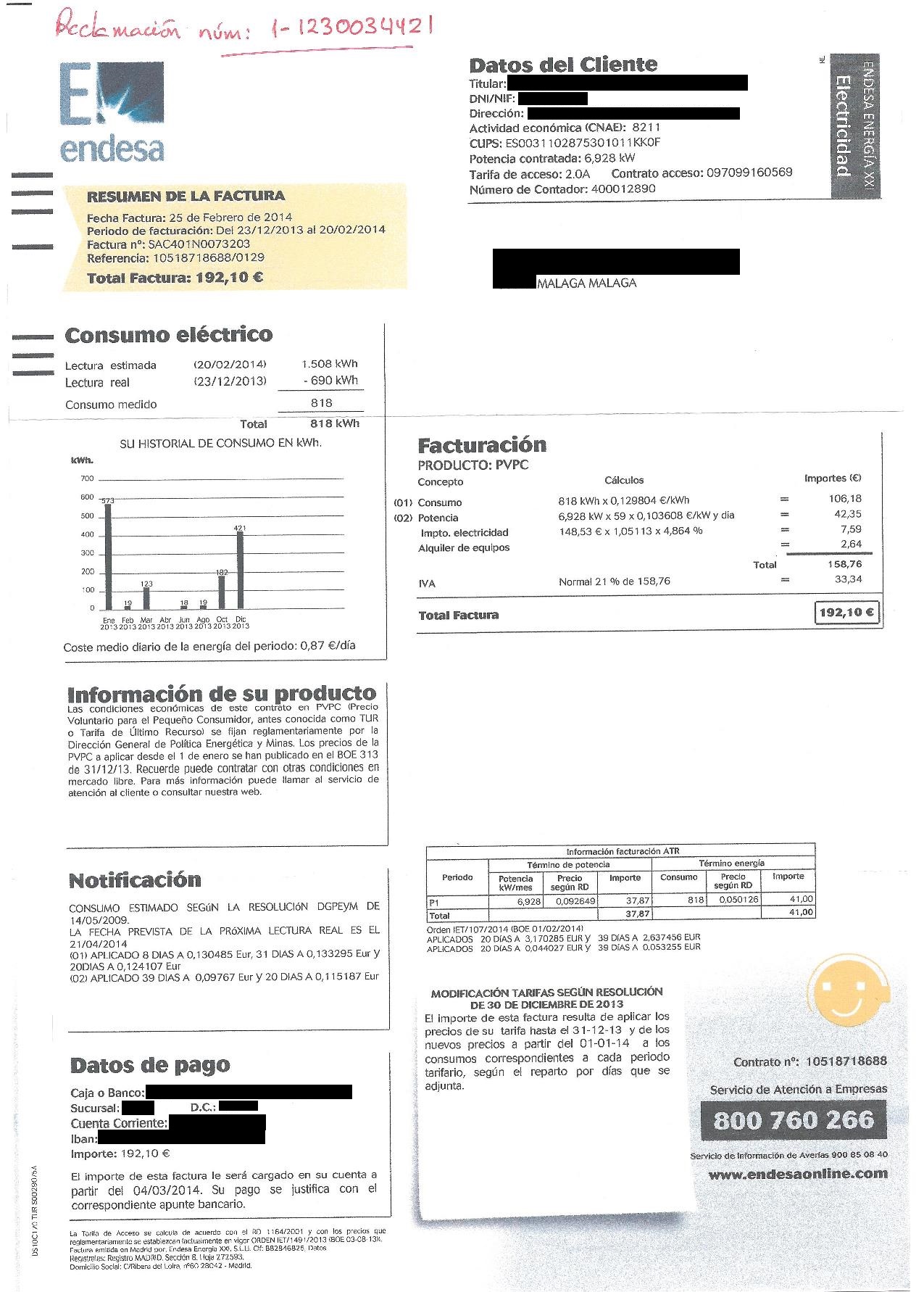 Factura de Endesa con Lecturas Estimadas